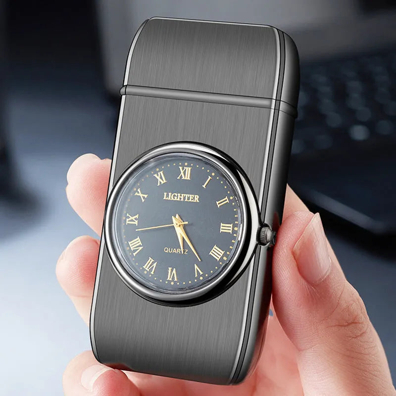 Multifunctional metal watch lighter with LED light in black brushed finish