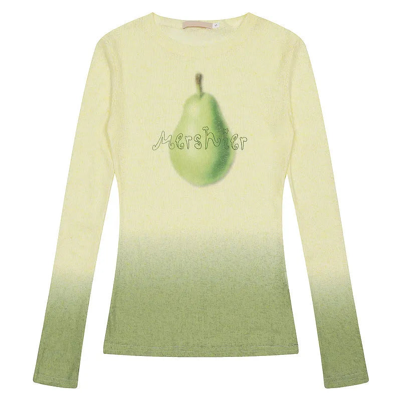 Women's long sleeve T-shirt with gradient flower print in yellow green colour.