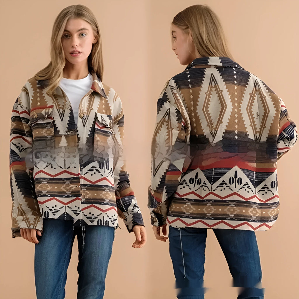 Women's retro style woolen jacket with Aztec print in sapphire blue, khaki, or army green colours