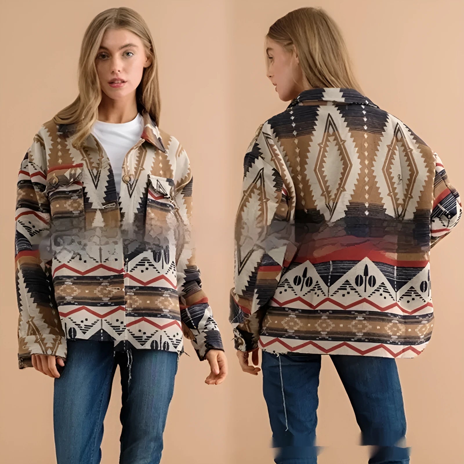 Women's retro style woolen jacket with Aztec print in sapphire blue, khaki, or army green colours