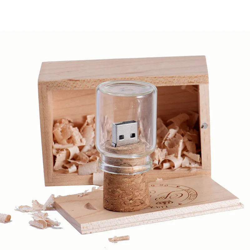 Personalised chocolate brown wooden drift bottle design USB flash drive with custom graphic lettering.