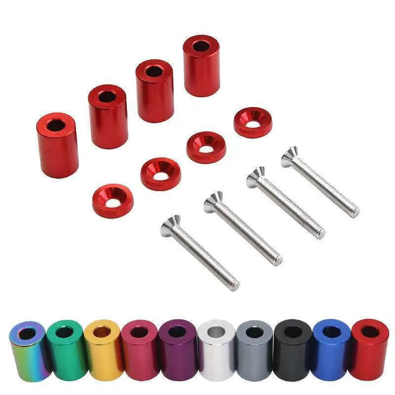 Aluminium car machine cover shim kit with screws, nuts and washers in red, blue and black colours