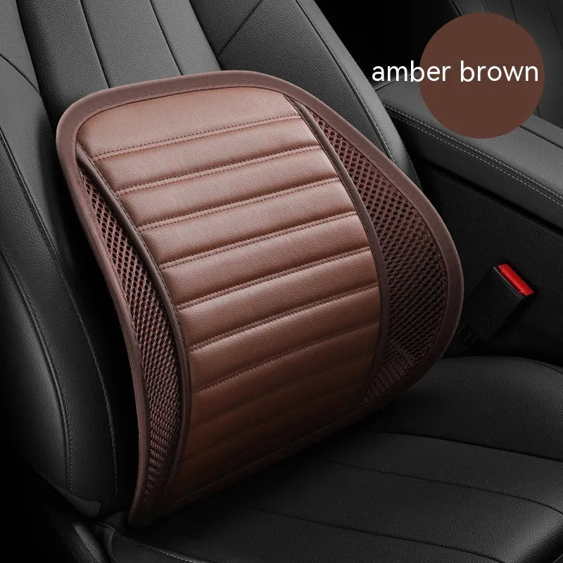Leather lumbar support cushion for car seat, available in multiple colours including amber brown and sapphire blue.