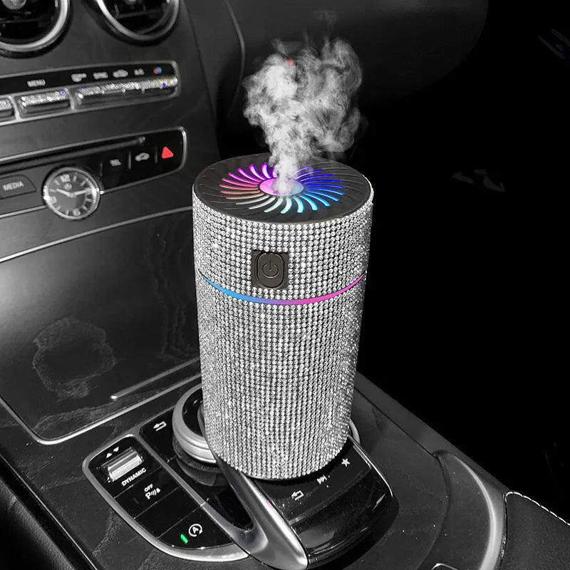 Car mounted air purifier and humidifier unit with diamond finish and LED lighting in seven colour options