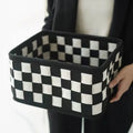 Checkerboard patterned folding felt storage basket showing 37x29x19.5cm dimensions