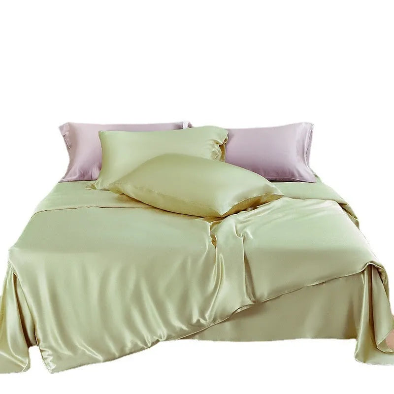 Silk duvet cover in Lotus Pink colour showing double-sided bedding with plain weave texture