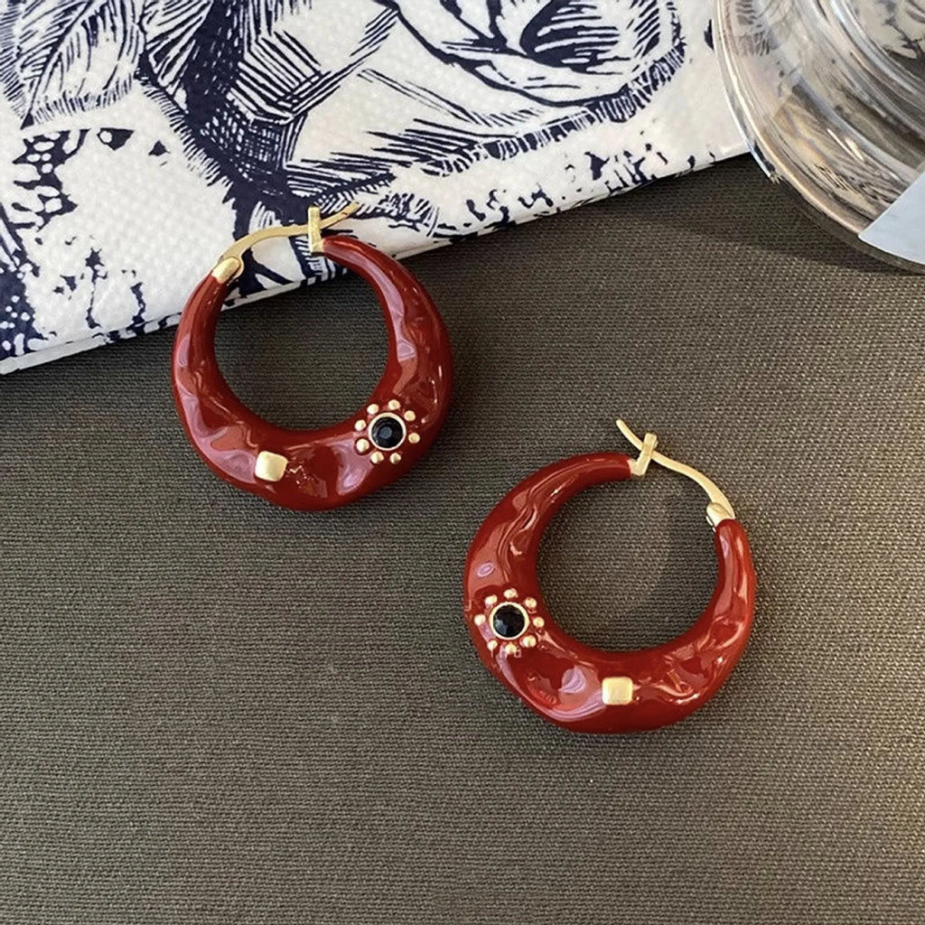 Hong Kong style black and red alloy ear studs with rhinestone decoration and dripping oil treatment