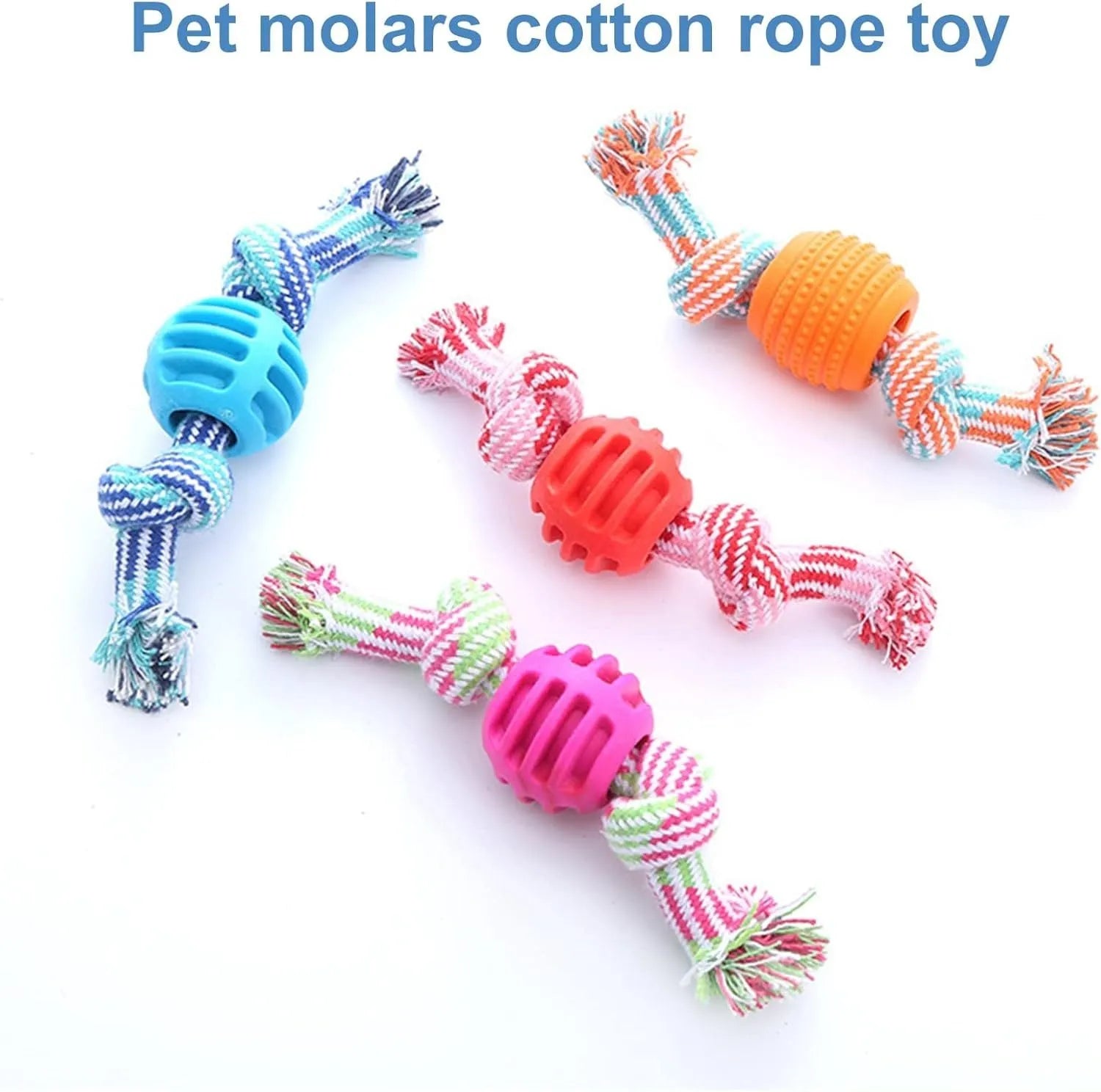 Blue molar-shaped dog chew toy with natural rubber rope attachment for dental cleaning