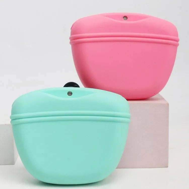 Silicone dog treat bag with clip attachment showing magnet closure and food-grade construction