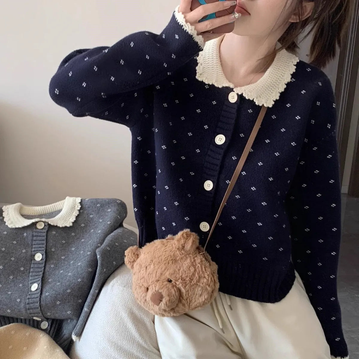 Retro Peter Pan collar floral pattern knitted cardigan coat in navy blue colour