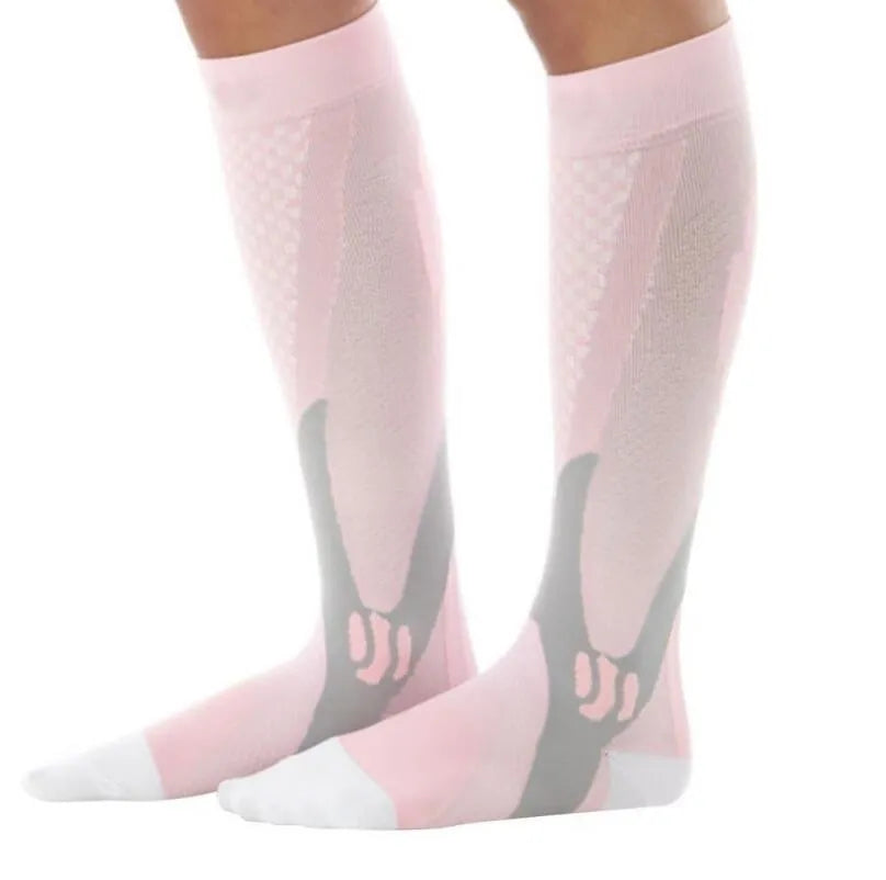 Graduated compression socks for men and women in black, blue, orange, pink, and white colour options