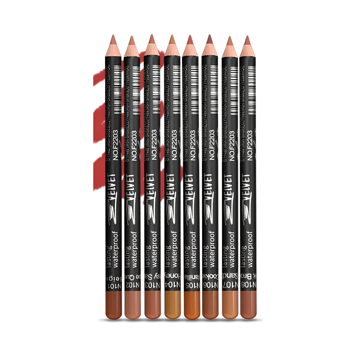 Matte finish lip liner pencil in wooden casing, shown in one of 14 available shades including nudes and reds.