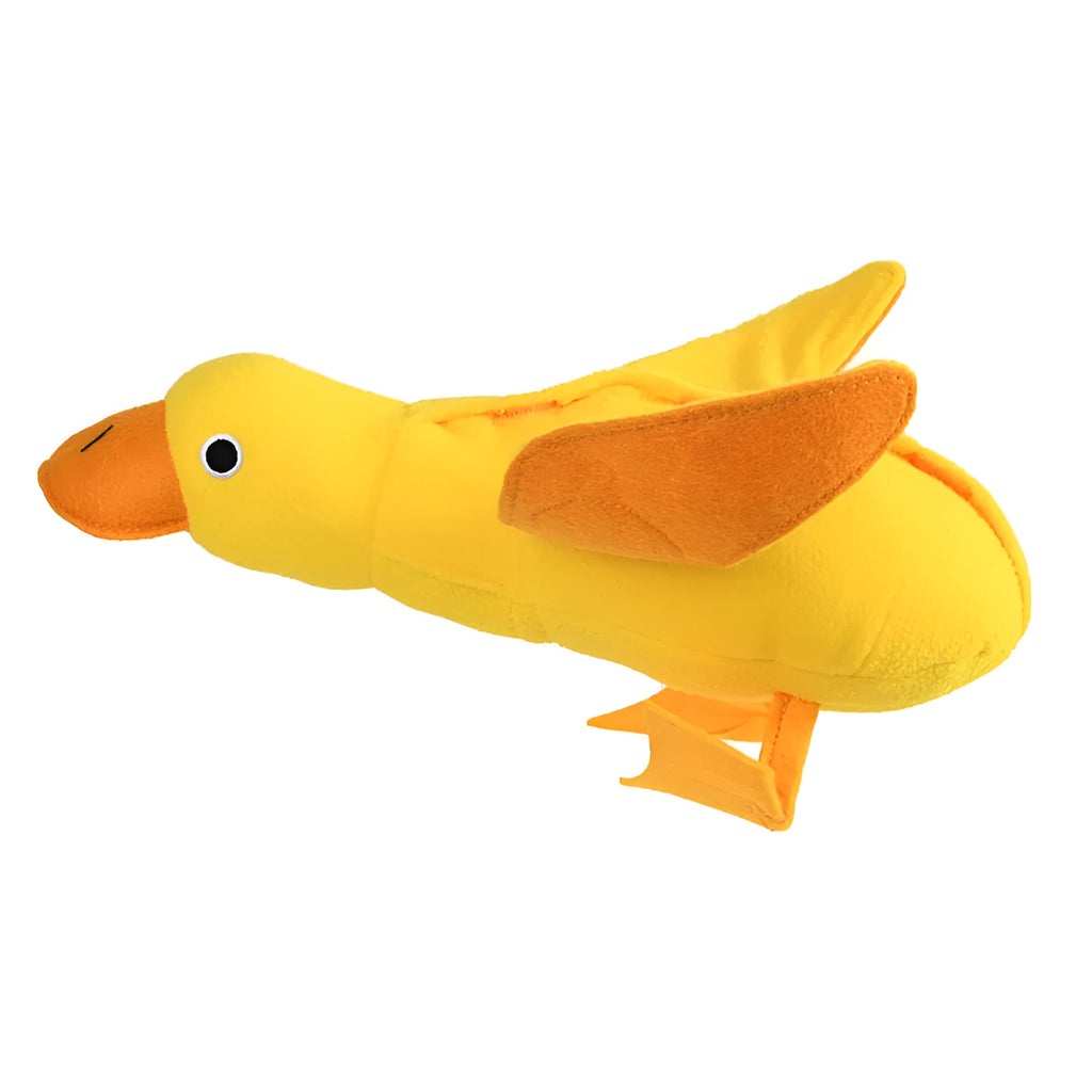 Yellow plush duck dog toy with a treat compartment and built-in sound module for training and enrichment.