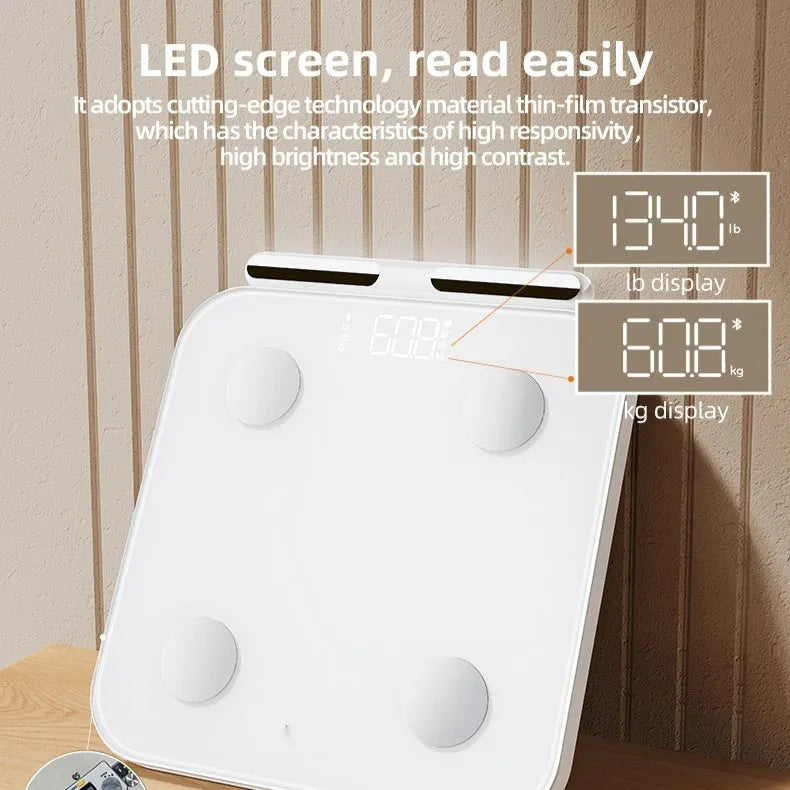 White tempered glass body fat scale with 8 electrodes and LED display