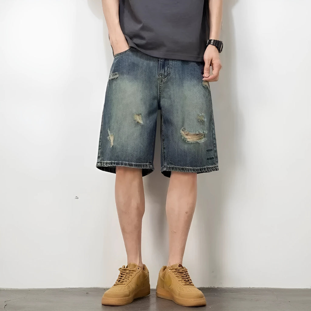 Blue retro loose hole denim shorts for men with straight cut and micro elasticity fabric