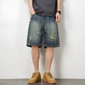 Blue retro loose hole denim shorts for men with straight cut and micro elasticity fabric