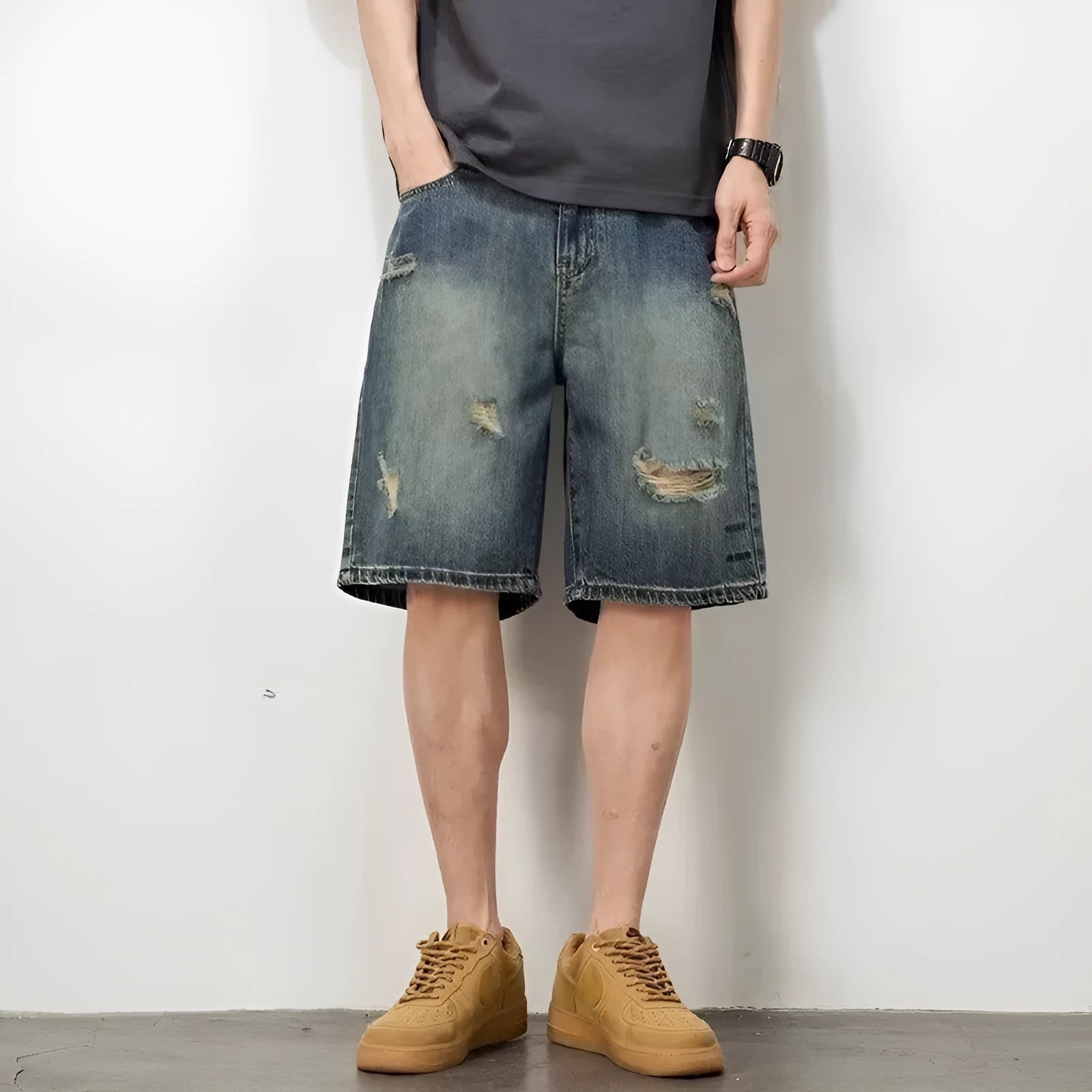 Blue retro loose hole denim shorts for men with straight cut and micro elasticity fabric
