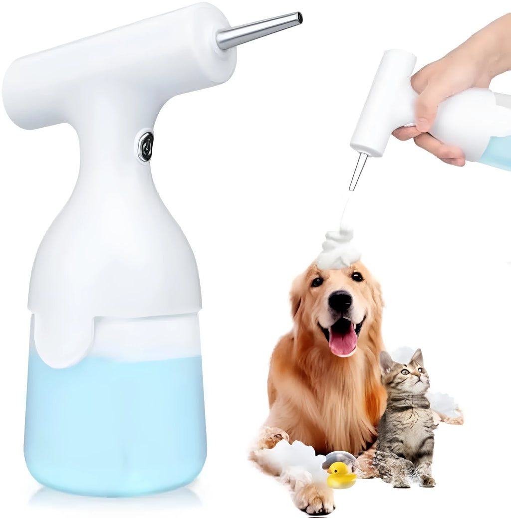 White electric foam soap dispenser with two nozzles and USB charging cable.
