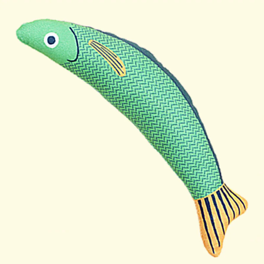 Green, orange, and yellow soft plush saury fish cat toys with catnip filling for interactive play