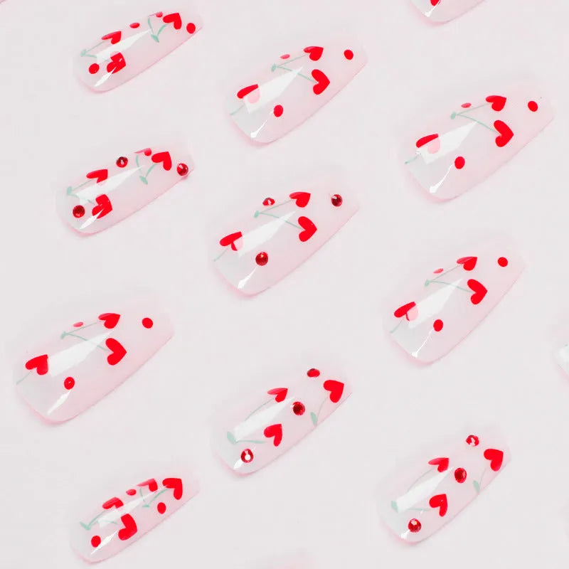 French Love red diamond and cherry design artificial nail tips with glue tube