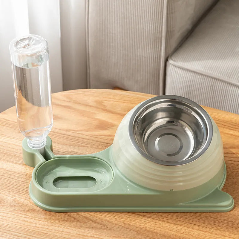 Brown elevated cat bowl set with automatic water bottle and curved food dish