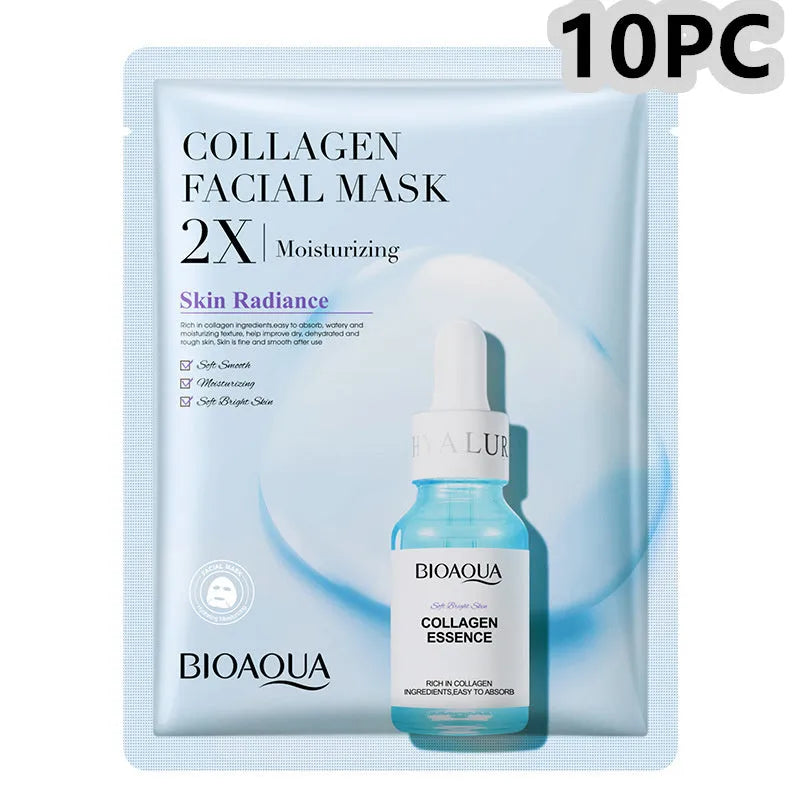 Single-use facial sheet mask with gel serum, shown in Centella, Collagen, Hyaluronic Acid or Vitamin C variants.