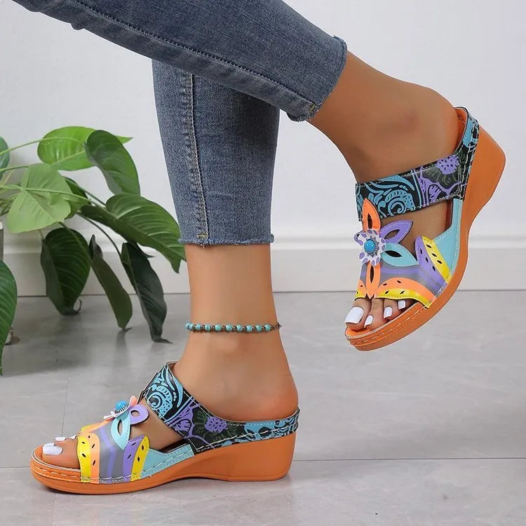Ethnic cool girl coloured slope and totem design slippers in cowhide leather