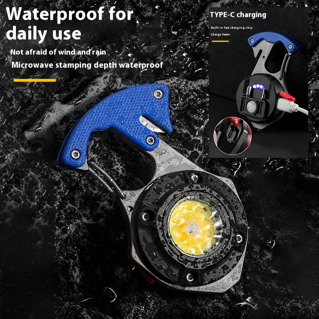 Compact silver and black multifunctional keychain flashlight with a window-breaking hammer tip and screwdriver.