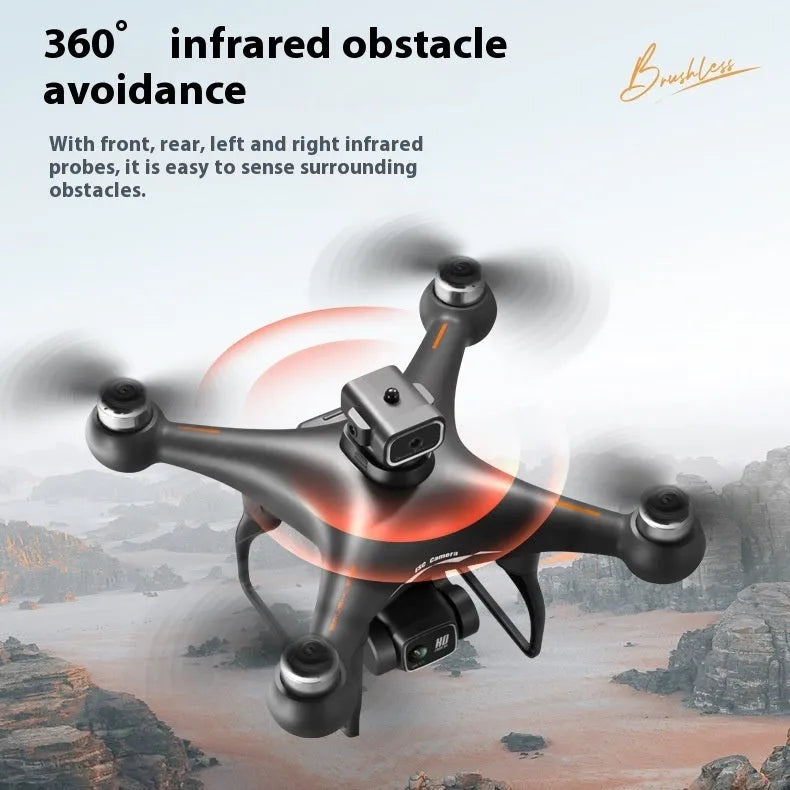 Black HD brushless UAV drone with four-side obstacle avoidance and camera, remote control beside it