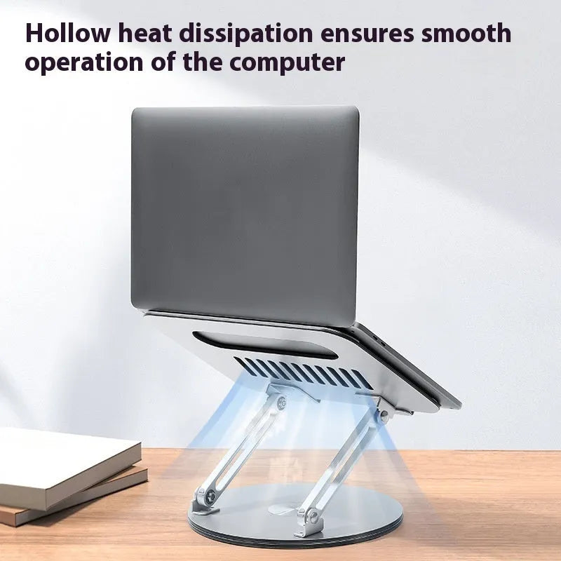 Silver aluminium laptop stand with height adjustment and rotatable foldable design