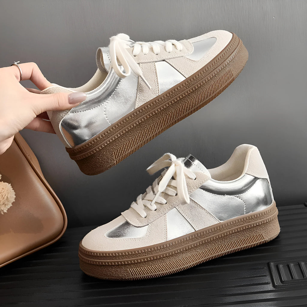 Retro round toe casual board shoes with cross shoulder straps in silver colour