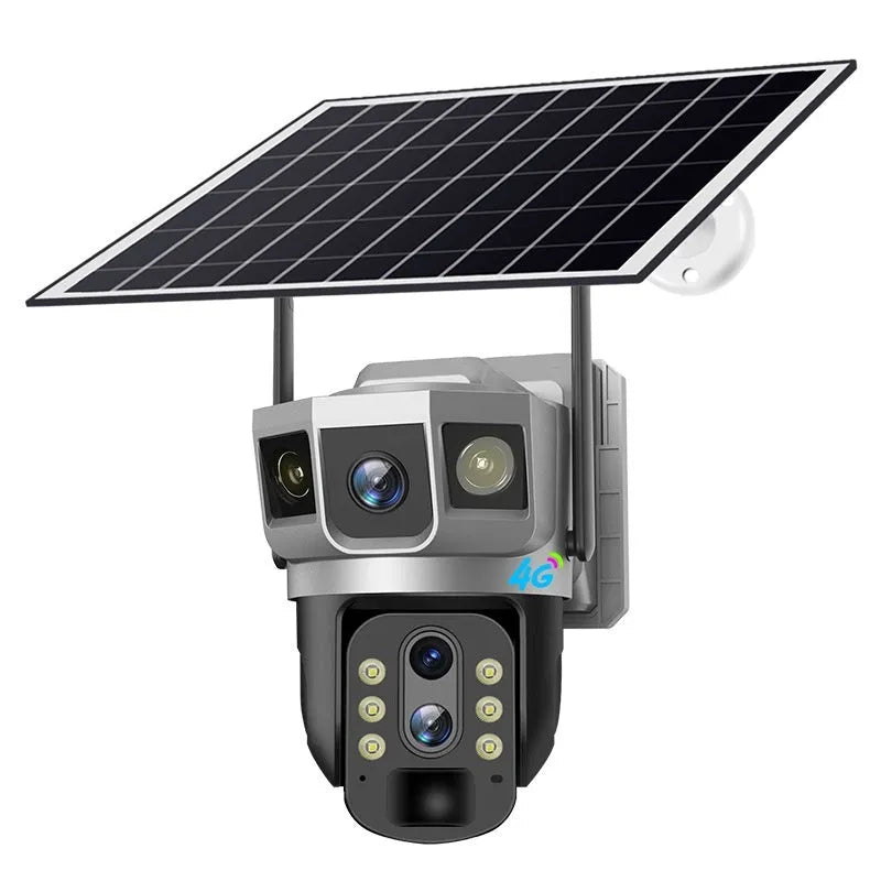V380 outdoor security camera with solar panel and three-screen display monitor