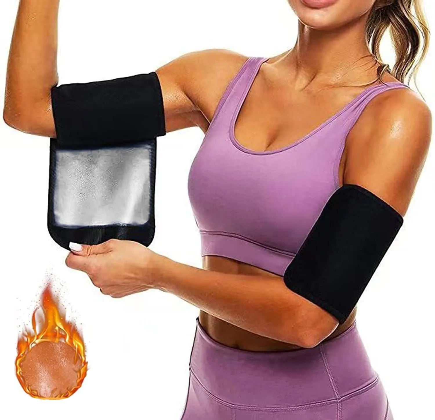Blue and silver sports arm band sweatband with binding band, shown in various size options.