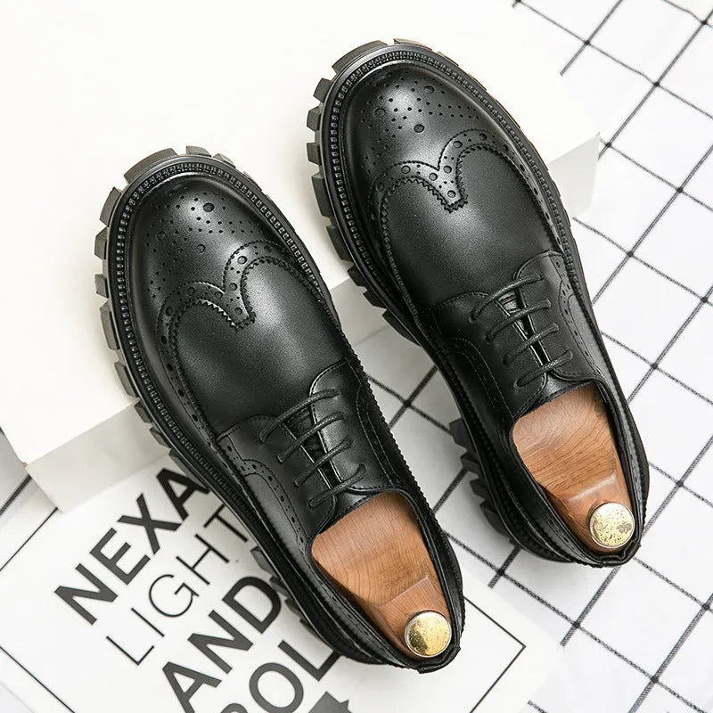 Men's black business brogue leather shoes with round toe design on white background