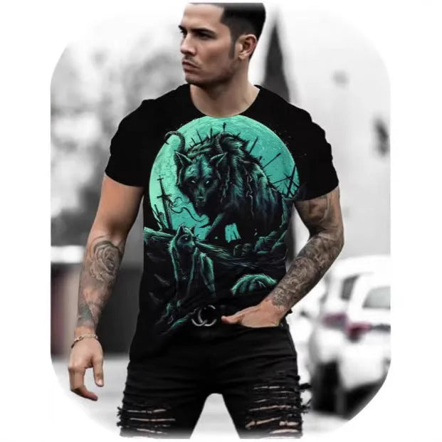 Man wearing a retro style 3D animal print short-sleeved t-shirt