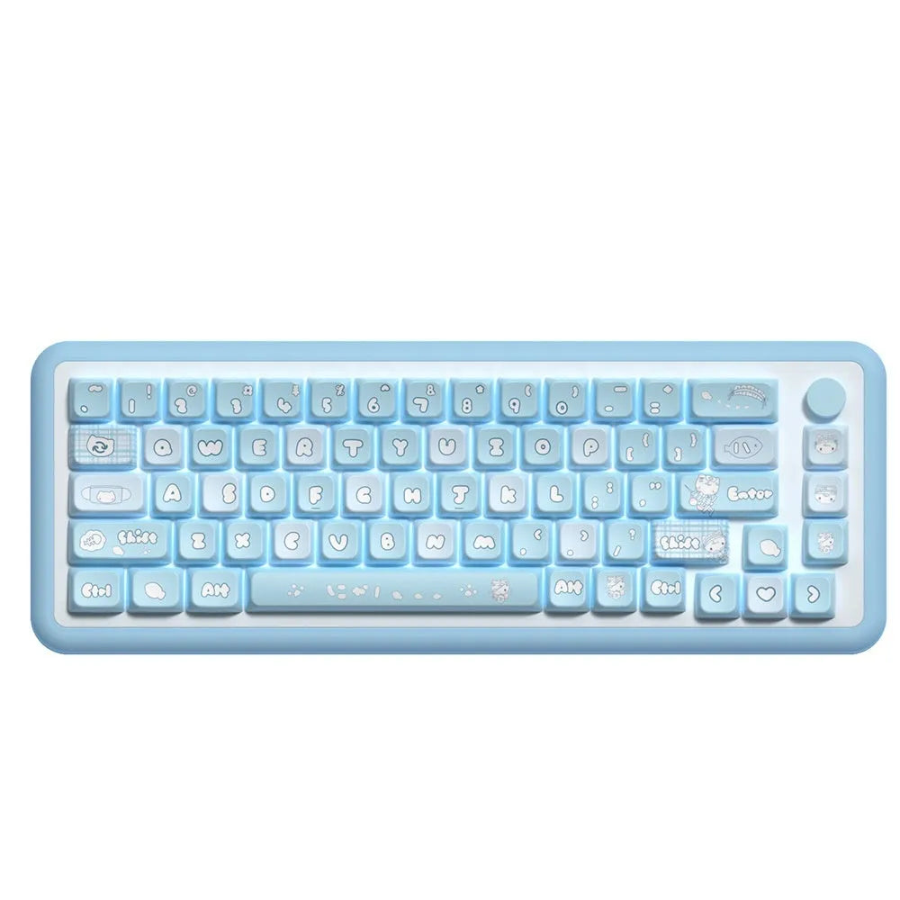 Custom watercolour cat design mechanical keyboard keycap set in PTB material, showing colourful artwork.