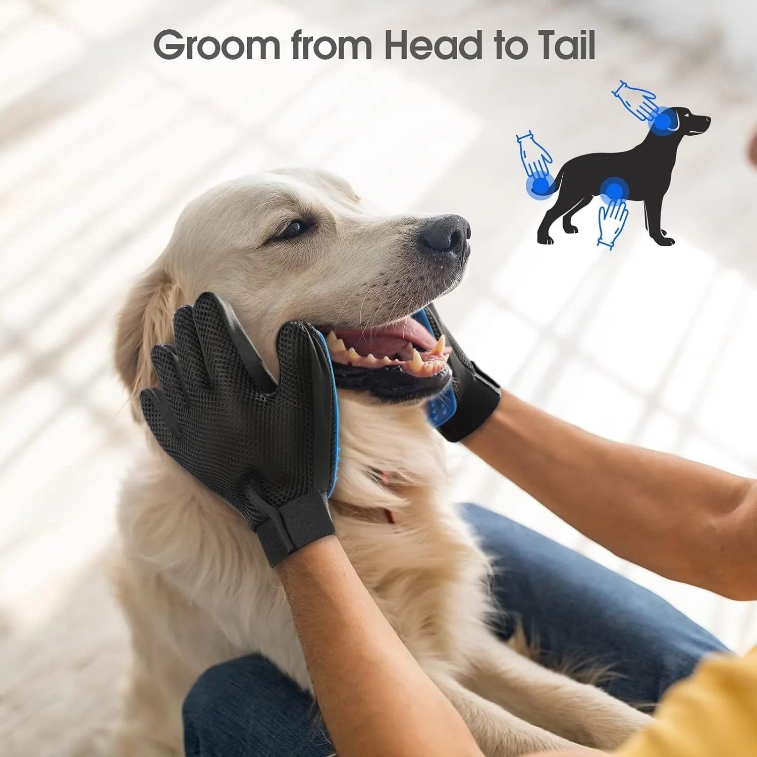 Blue pet grooming gloves with silicone tips for removing hair from dogs and cats during grooming
