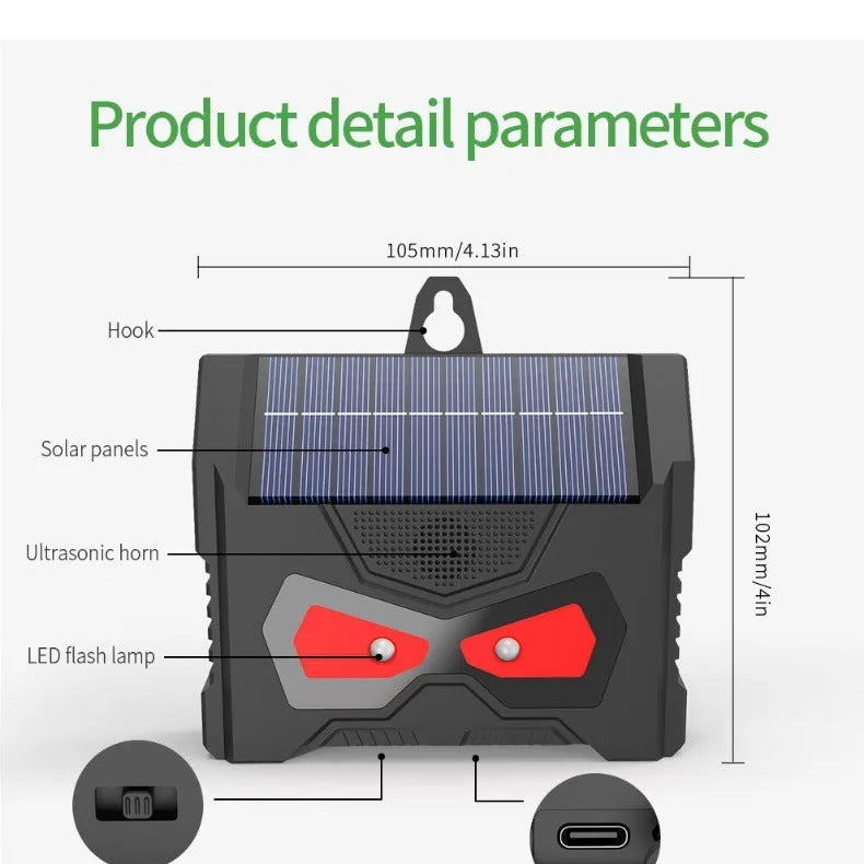 Black animal-shaped solar ultrasonic repeller with charging cable for outdoor pest control