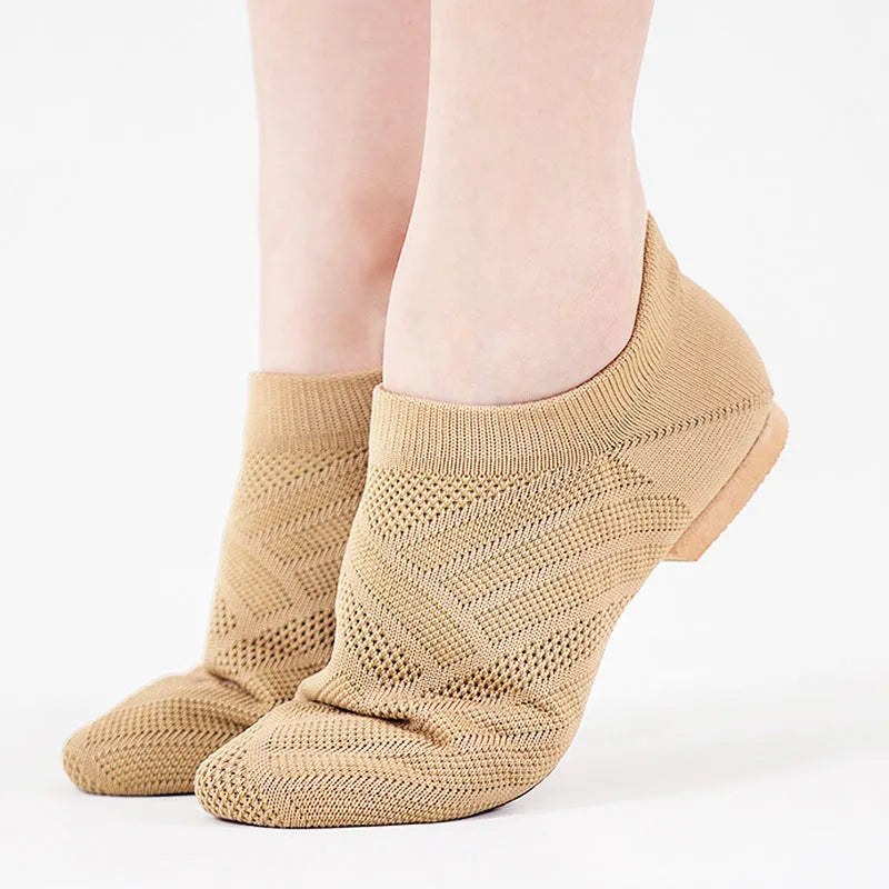 Camel colour Latin dance shoes with cotton mesh upper and leather sole