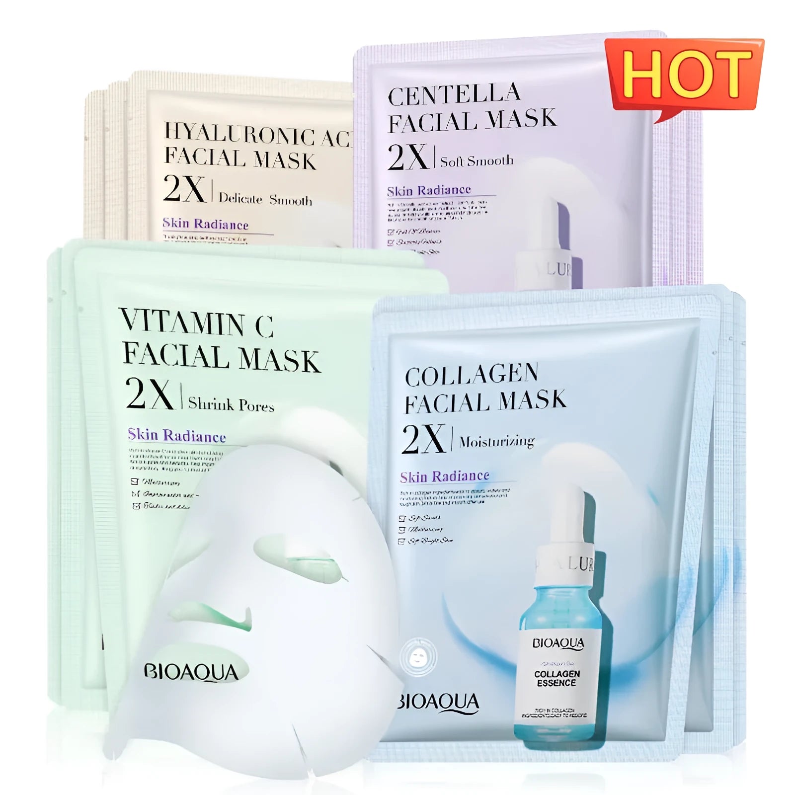 Single-use facial sheet mask with gel serum, shown in Centella, Collagen, Hyaluronic Acid or Vitamin C variants.