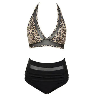 Women's black polyester fibre bikini set with split brief style, shown alongside rose red and leopard print colour options.