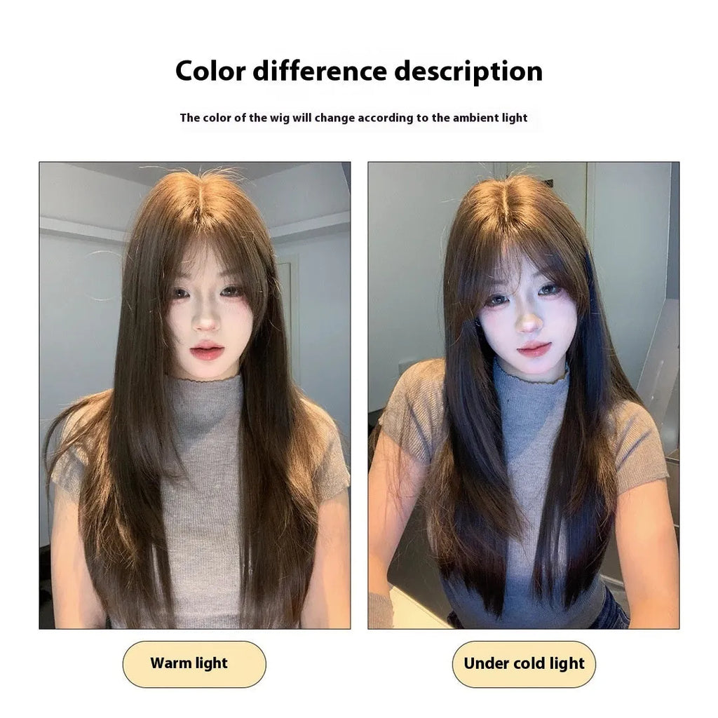 Cold brown layered straight synthetic wig on display showing full-head coverage and natural hairline