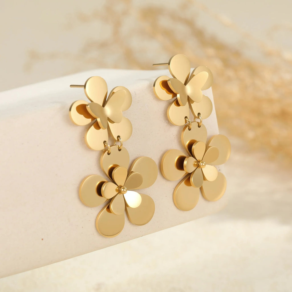 Gold floral butterfly design stainless steel earrings for women with geometric elements