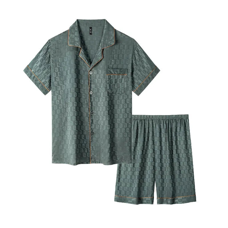 Men's lightweight ice silk pyjama set in cardigan style with shorts, showing satin jacquard pattern options