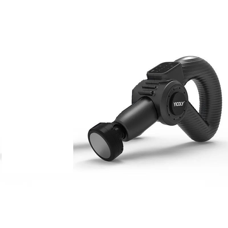 Black smart muscle massage gun with display, attached massage head, and additional heads on a grey background.