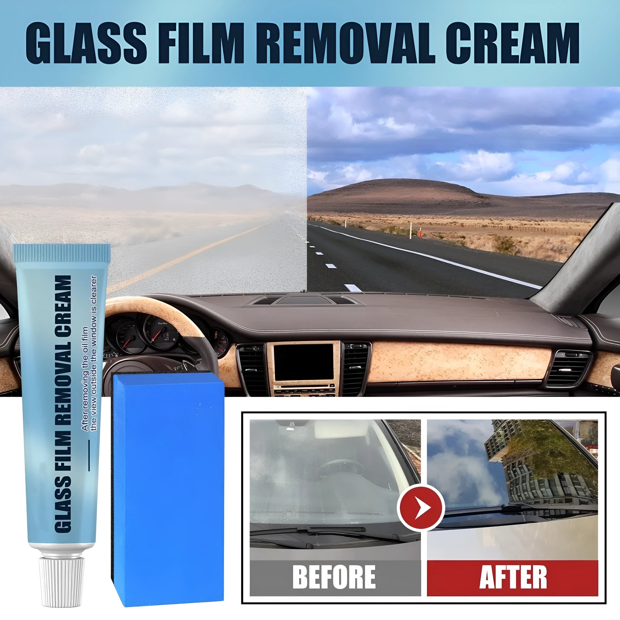 Blue car glass oil film remover with soft sponge applicator for windshield and window cleaning