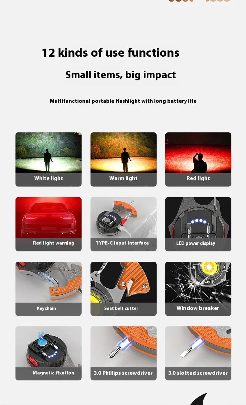 Compact silver and black multifunctional keychain flashlight with a window-breaking hammer tip and screwdriver.