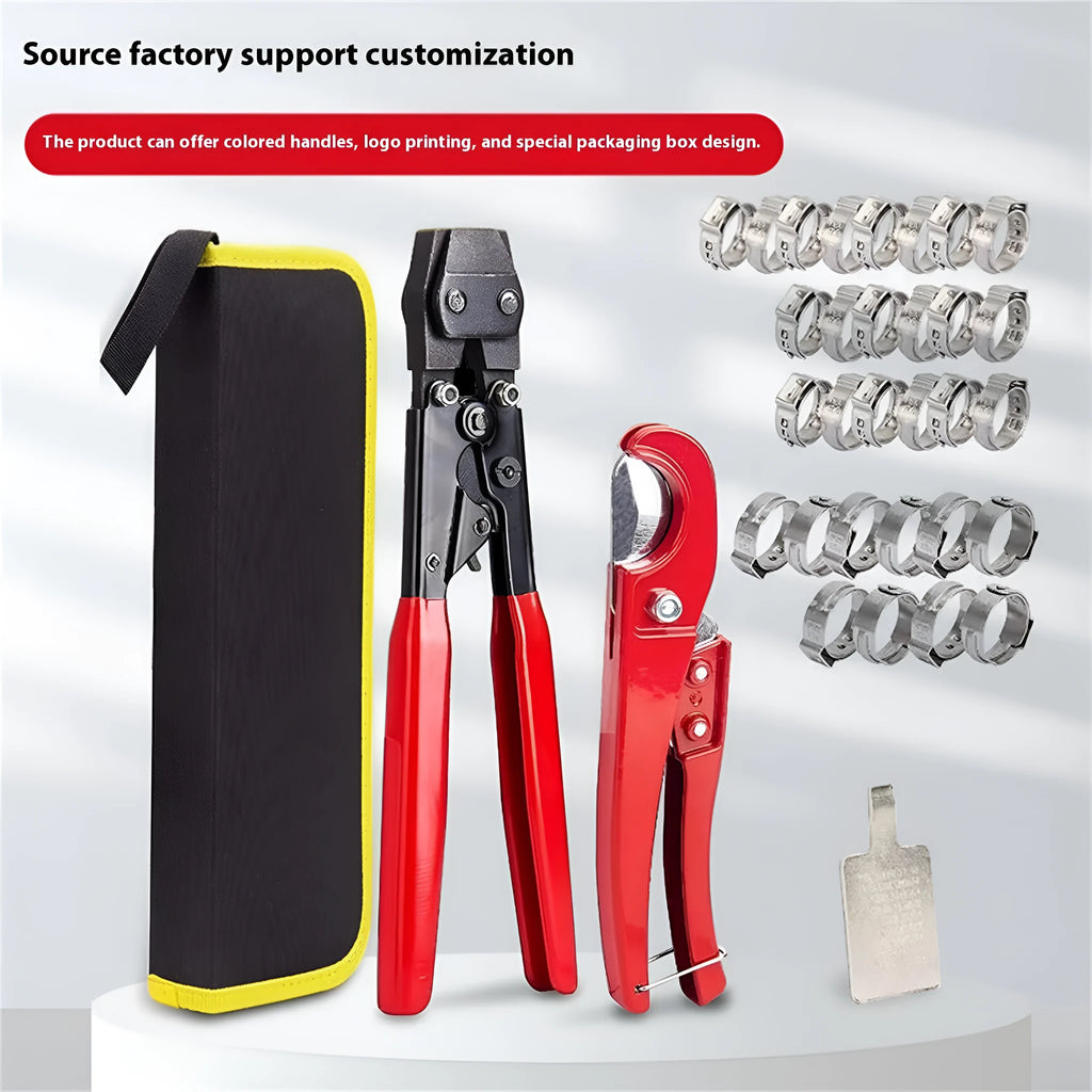Red PEX single ear clamp set with metal construction and carbon steel cutting edge