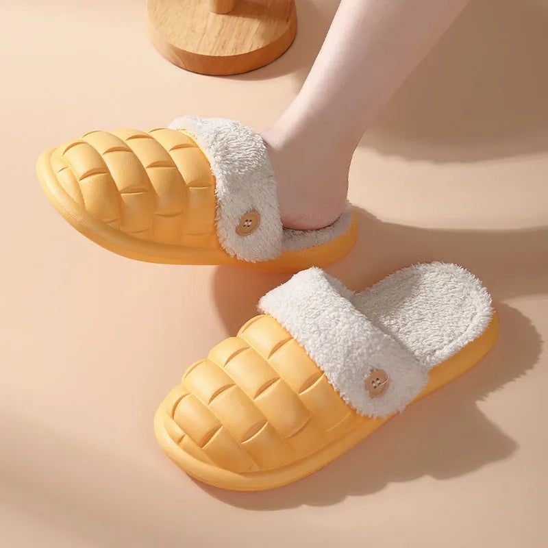 Pink and grey detachable EVA slippers with plush lining and a textured non-slip sole.