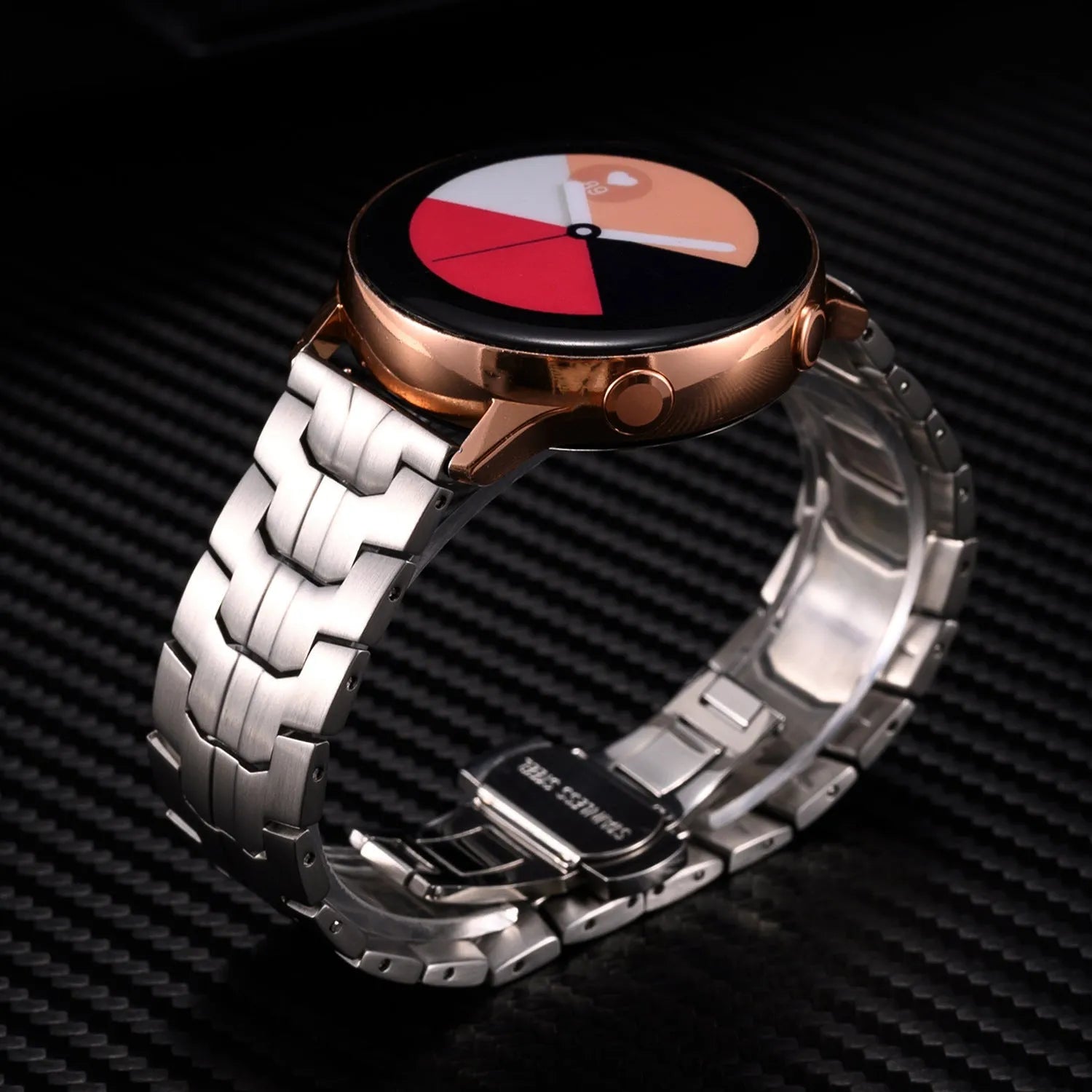 Stainless steel watch band for Samsung Watch 7 6 5 in silver and black colour options.